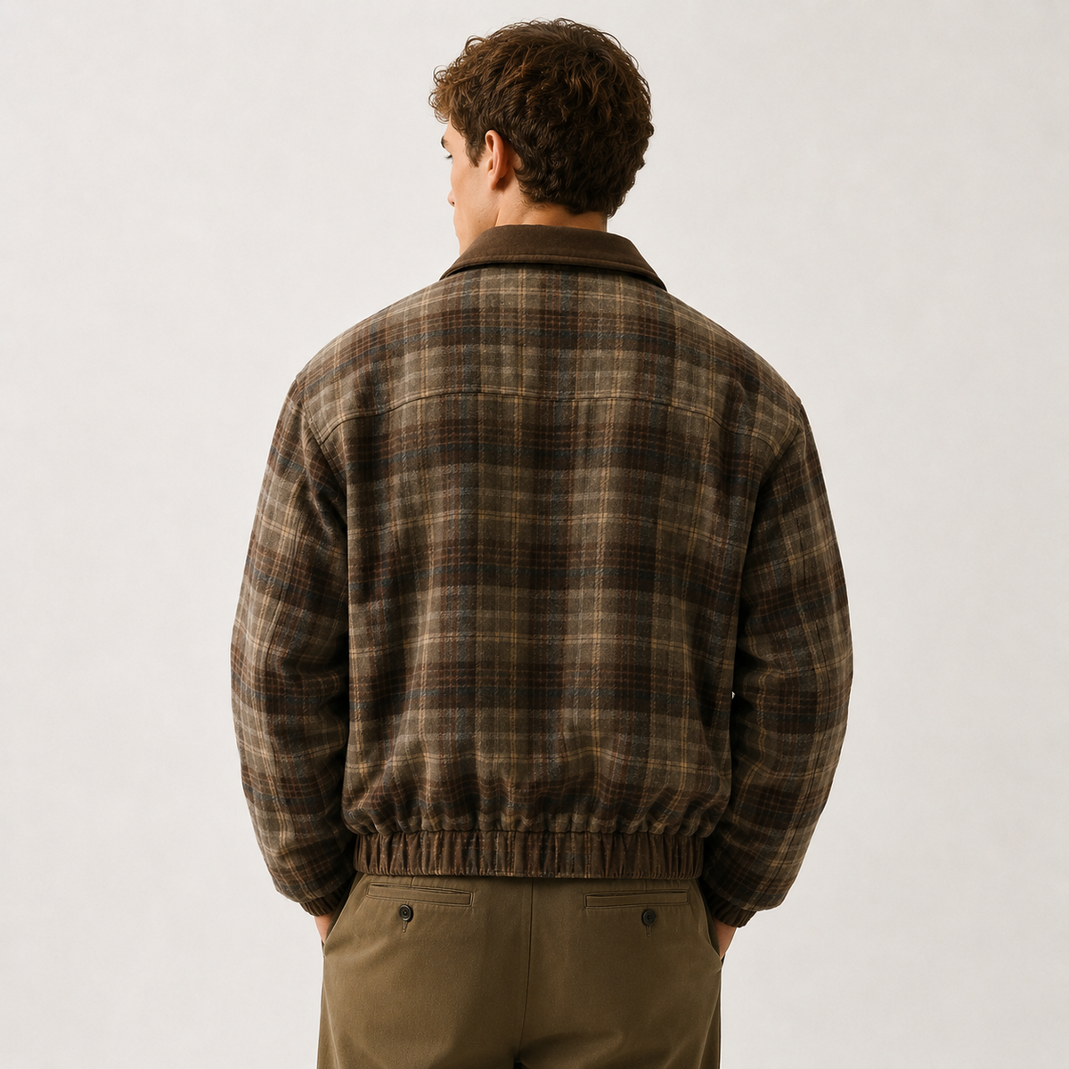 Brown Plaid Zip-Up Jacket with Solid Collar
