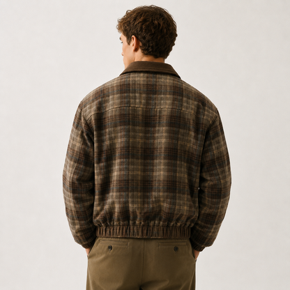 Brown Plaid Zip-Up Jacket with Solid Collar