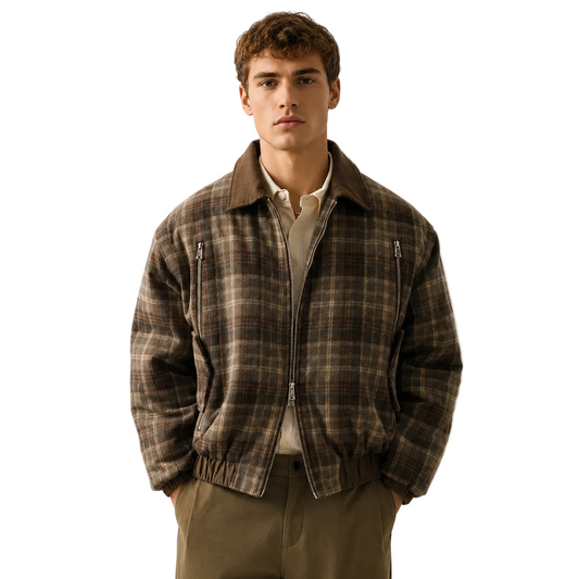 Brown Plaid Zip-Up Jacket with Solid Collar