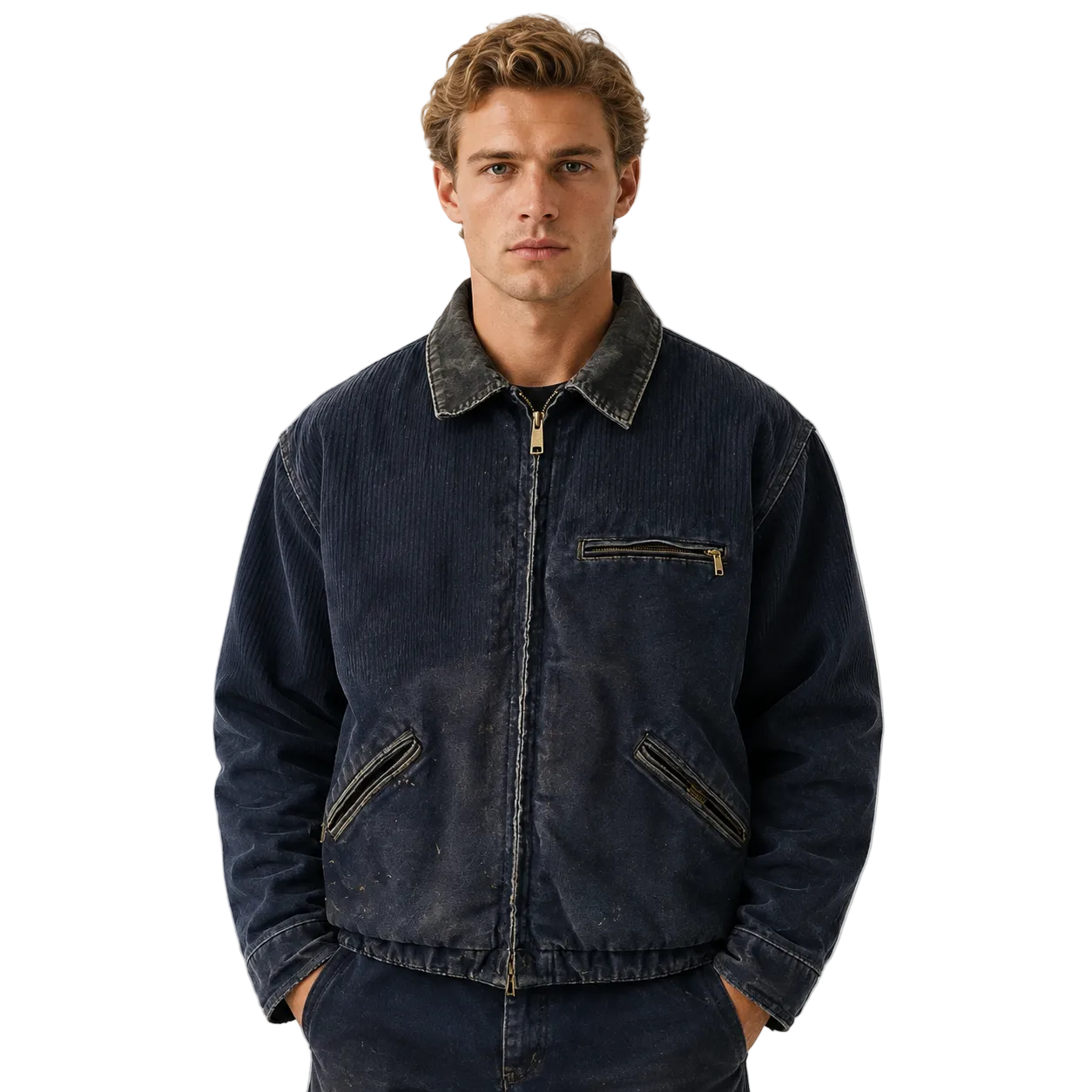 Dark Navy Zip Jacket with Washed Contrast Details
