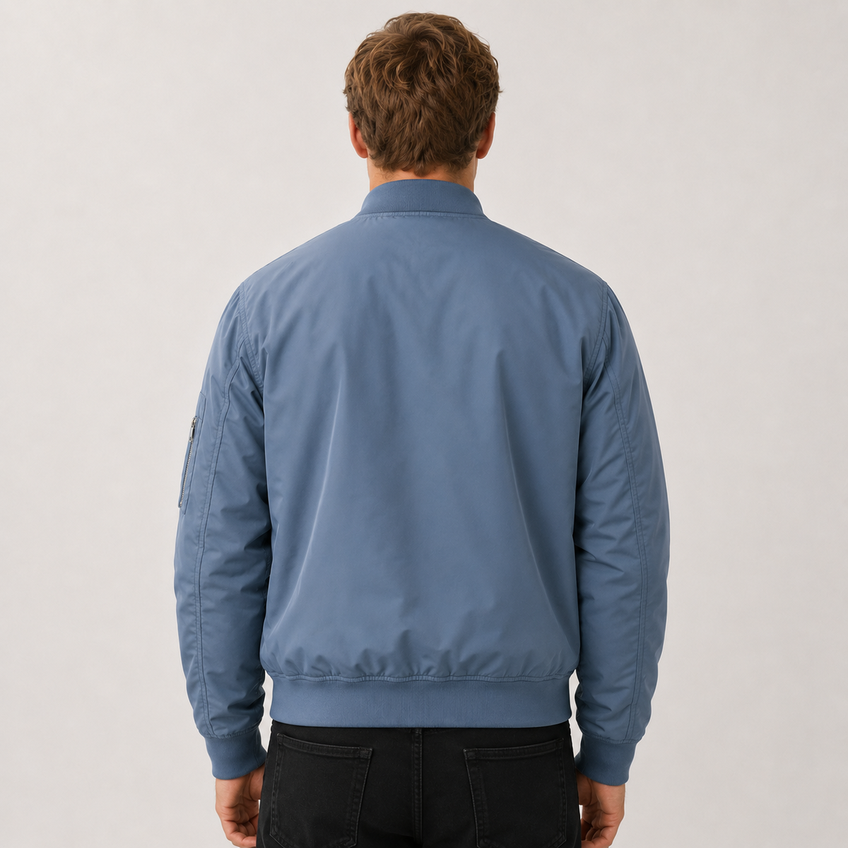 Dusty Blue Bomber Jacket with Sleeve Zip Pocket
