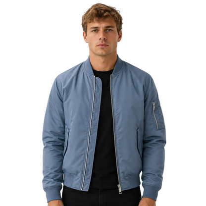 Dusty Blue Bomber Jacket with Sleeve Zip Pocket