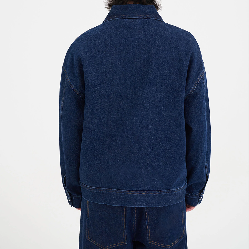 Dark Blue Denim Jacket with White Dragon Embroidery