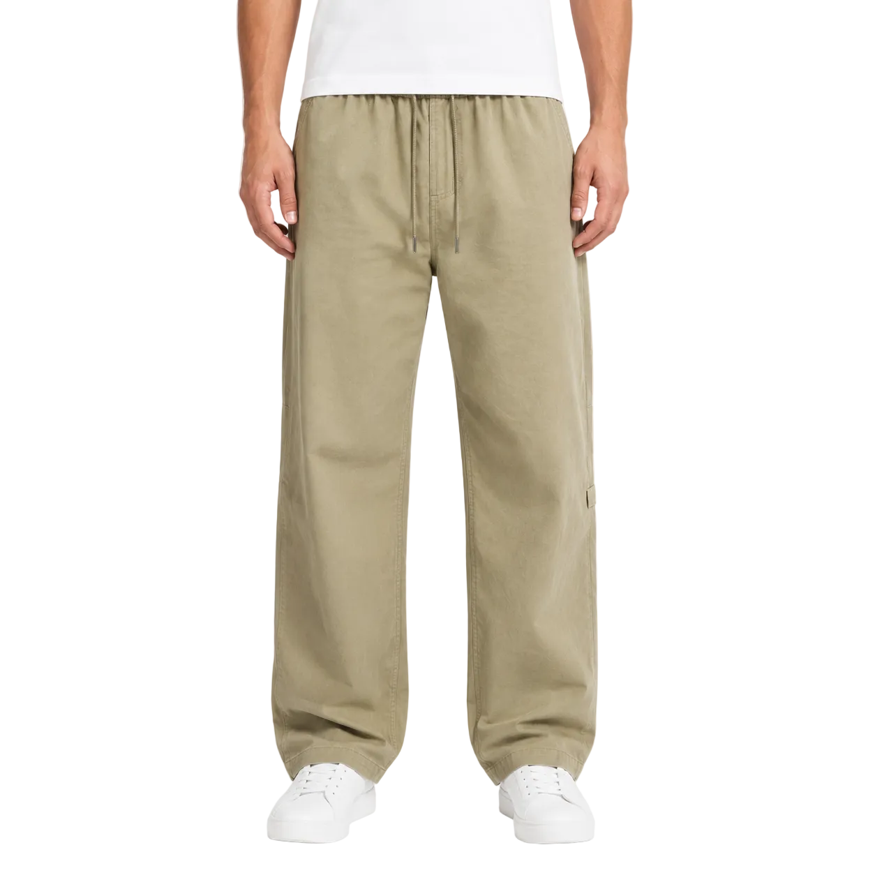 Khaki Relaxed Wide-Leg Drawstring Pants