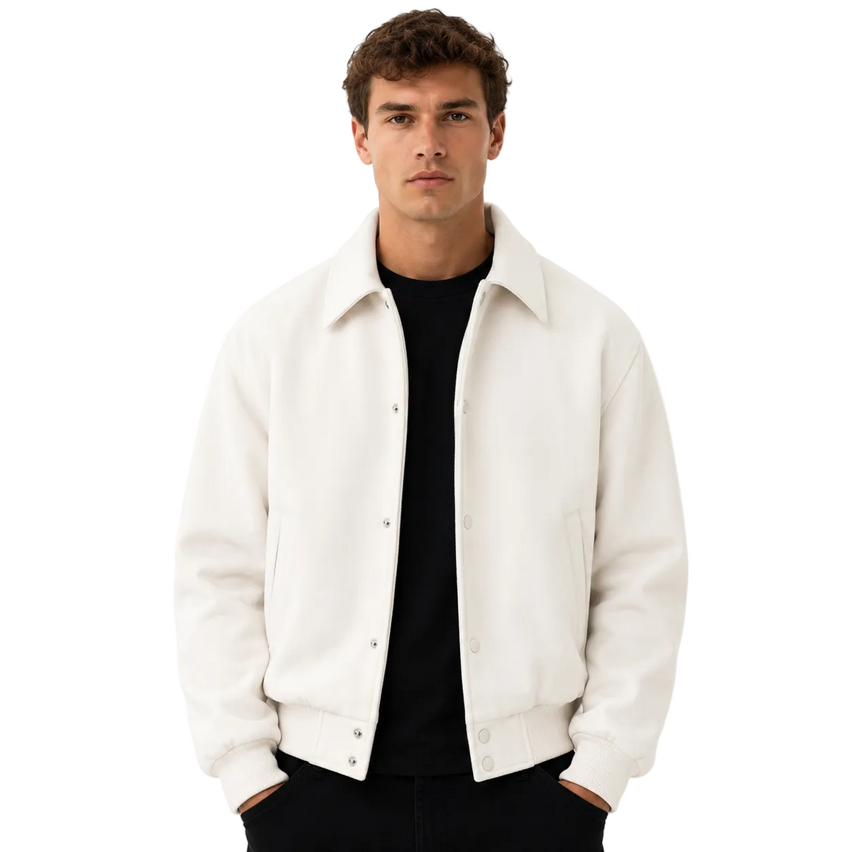 Off-White Snap Jacket with Ribbed Cuffs and Hem