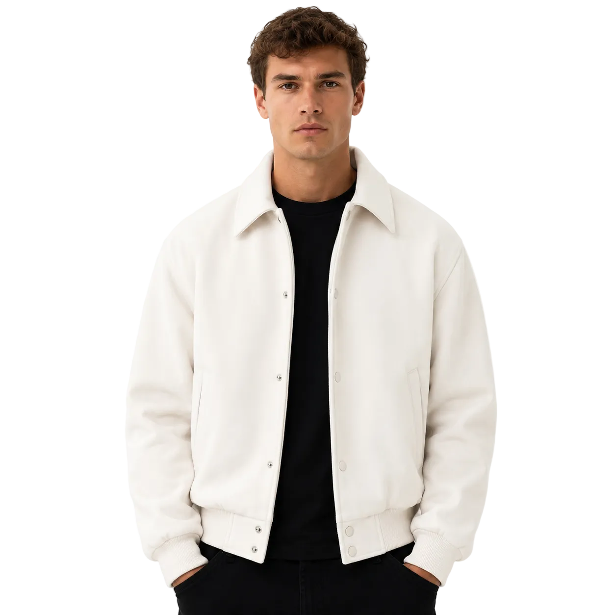 Off-White Snap Jacket with Ribbed Cuffs and Hem