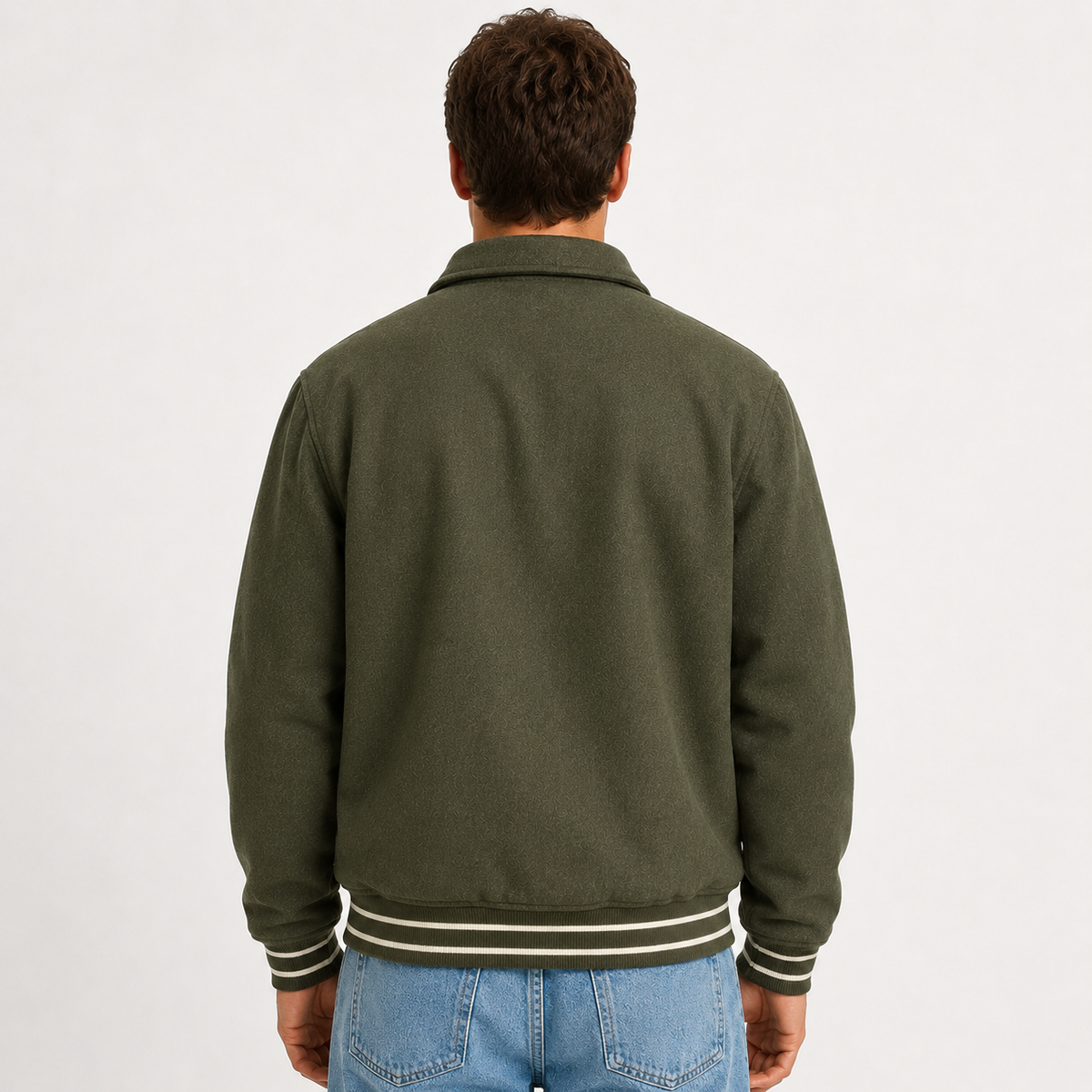 Olive Green Snap-Front Jacket with Striped Ribbed Trim