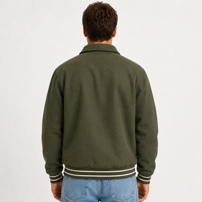 Olive Green Snap-Front Jacket with Striped Ribbed Trim