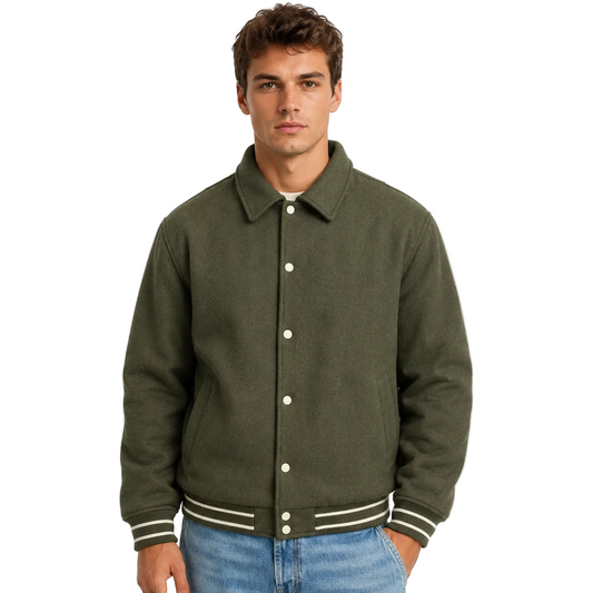 Olive Green Snap-Front Jacket with Striped Ribbed Trim