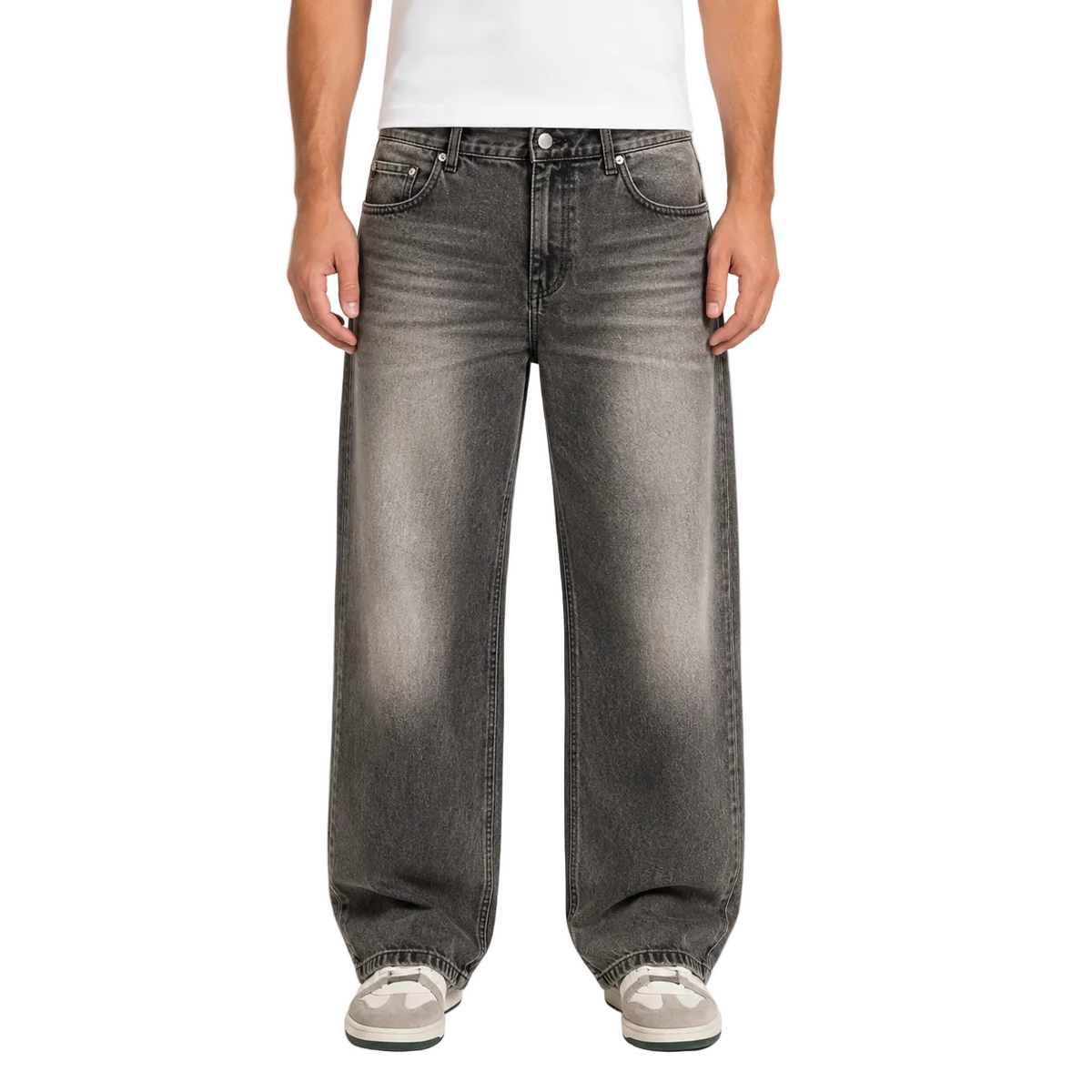 Smoky Gray Baggy Jeans with Center-Leg Fading