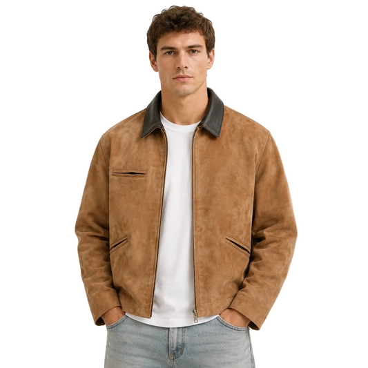 Tan Zip-Front Jacket with Dark Contrast Collar