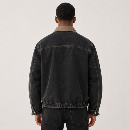 Washed Black Zip Jacket with Tan Contrast Collar