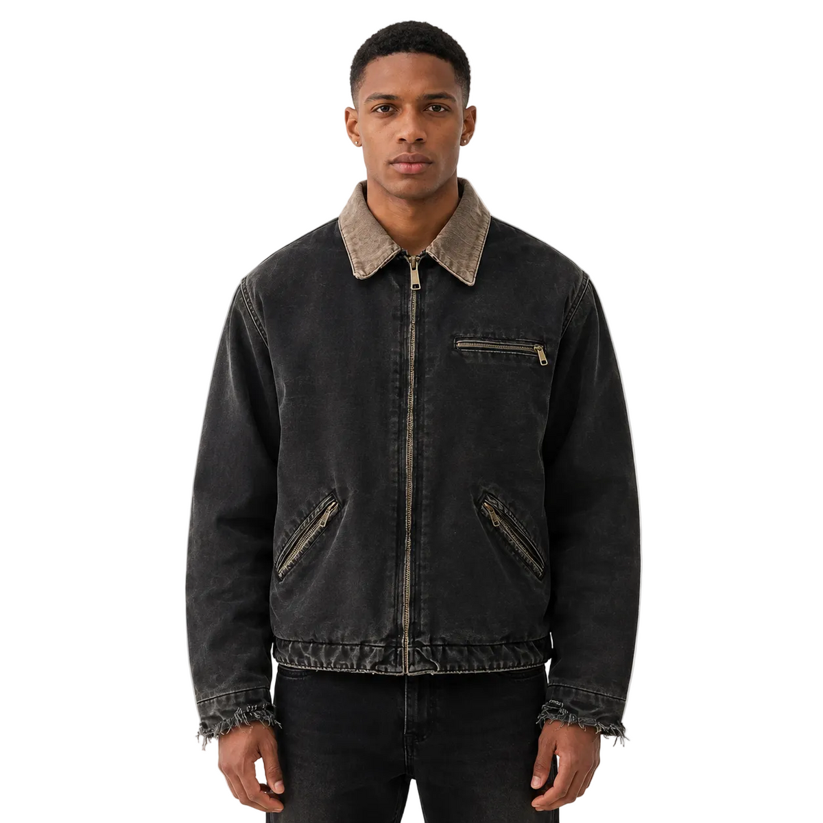 Washed Black Zip Jacket with Tan Contrast Collar