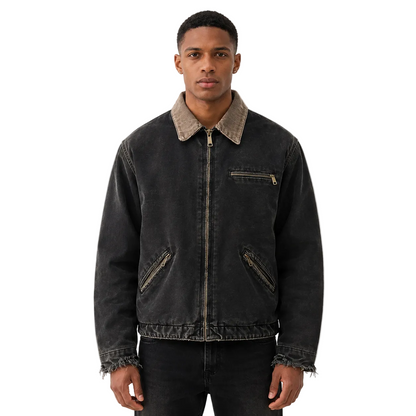 Washed Black Zip Jacket with Tan Contrast Collar