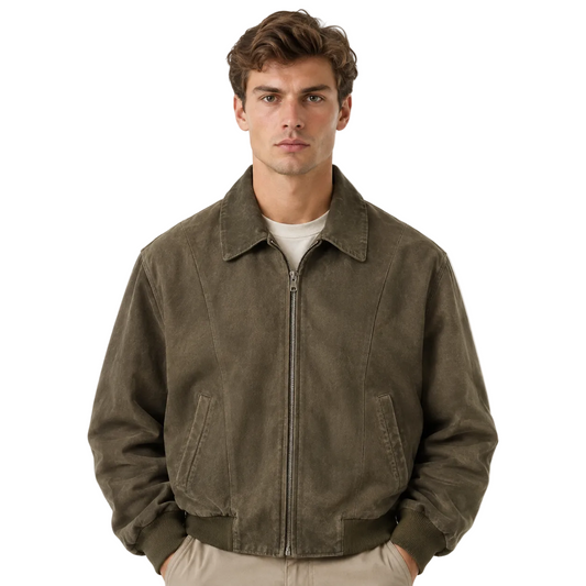 Washed Olive Zip Jacket with Ribbed Side Hem