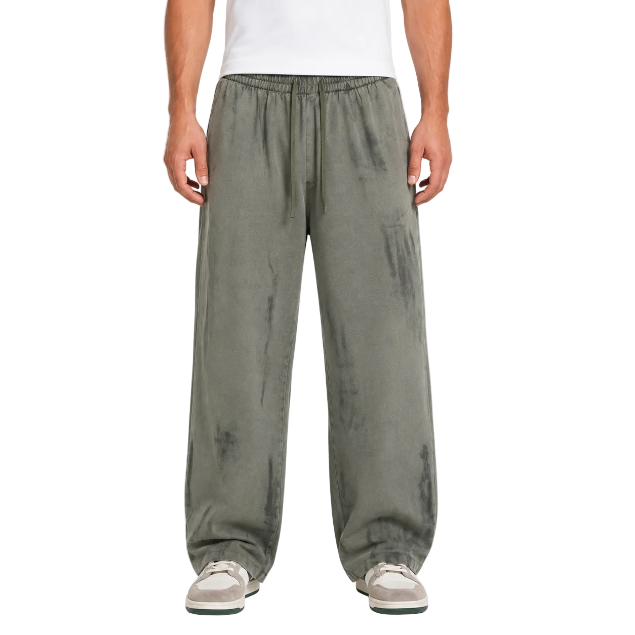 Washed Sage Green Wide-Leg Pants with Drawstring Waist