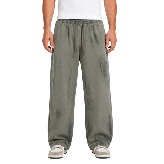 Washed Sage Green Wide-Leg Pants with Drawstring Waist