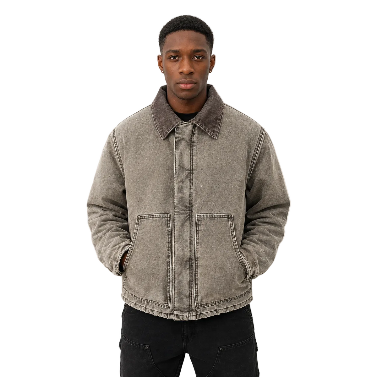 Washed Taupe Workwear Jacket with Oversized Front Pockets