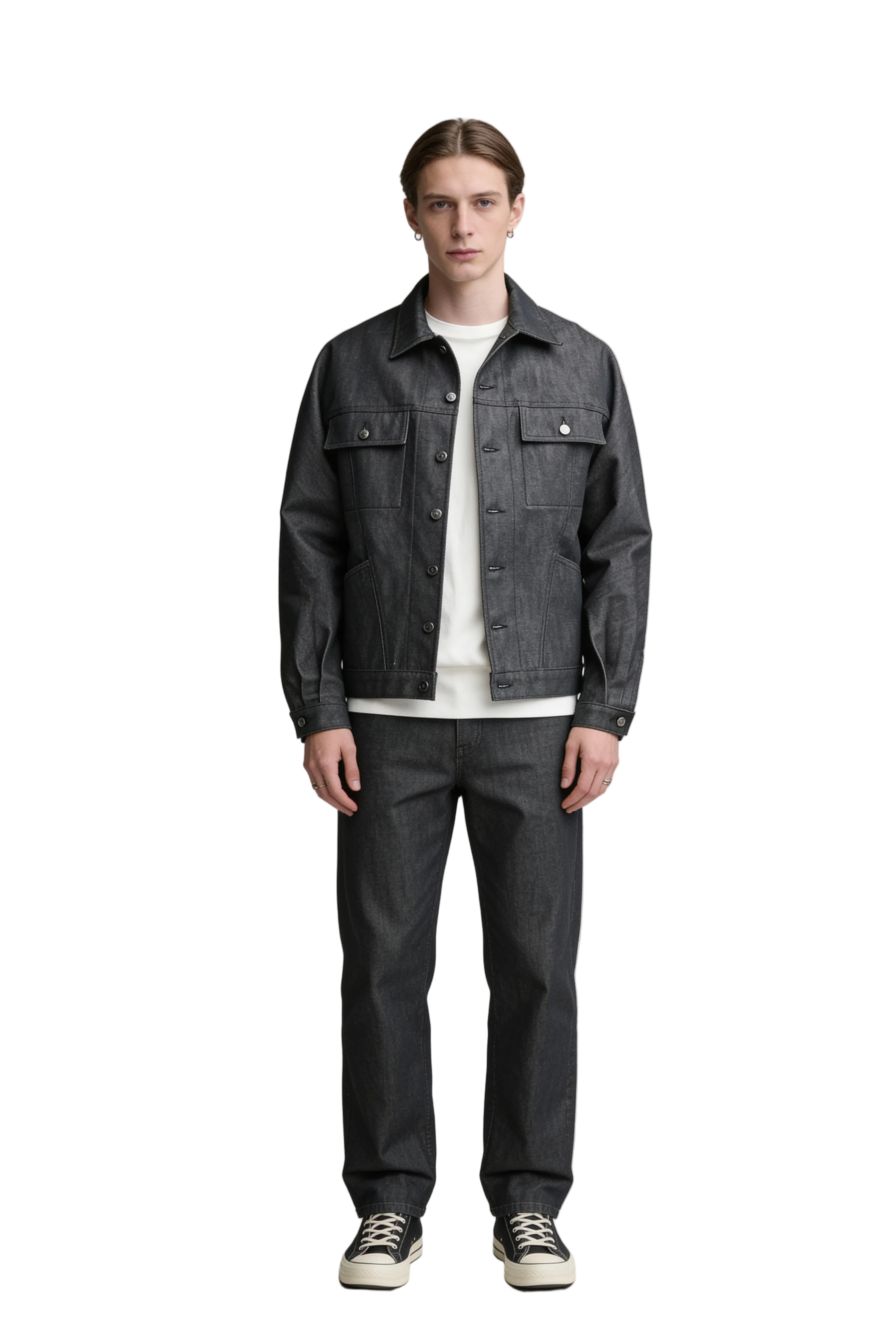 Dark Grey Denim Jacket with Flap Chest Pockets