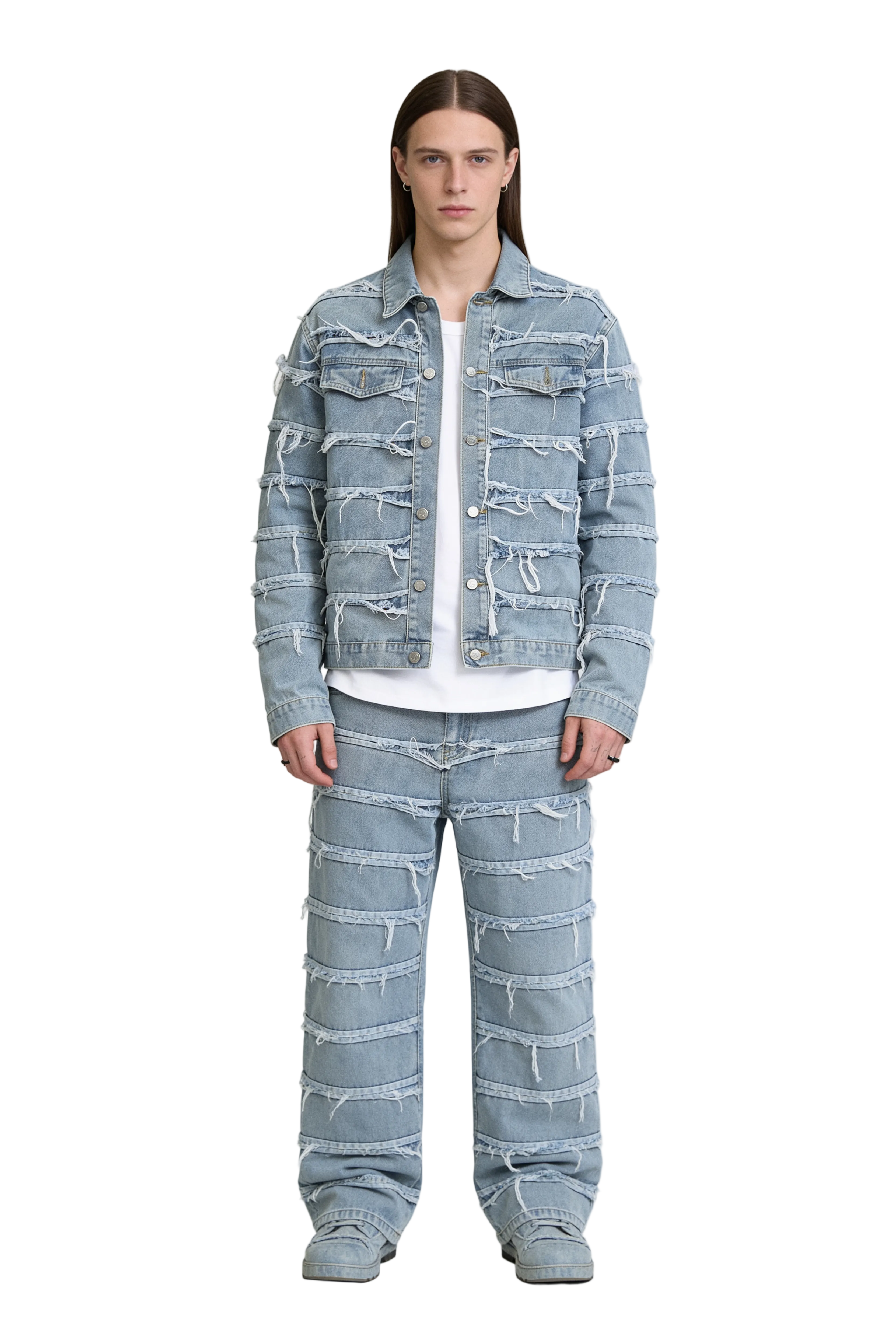 Light Blue Denim Jacket with Frayed Horizontal Panel Seams