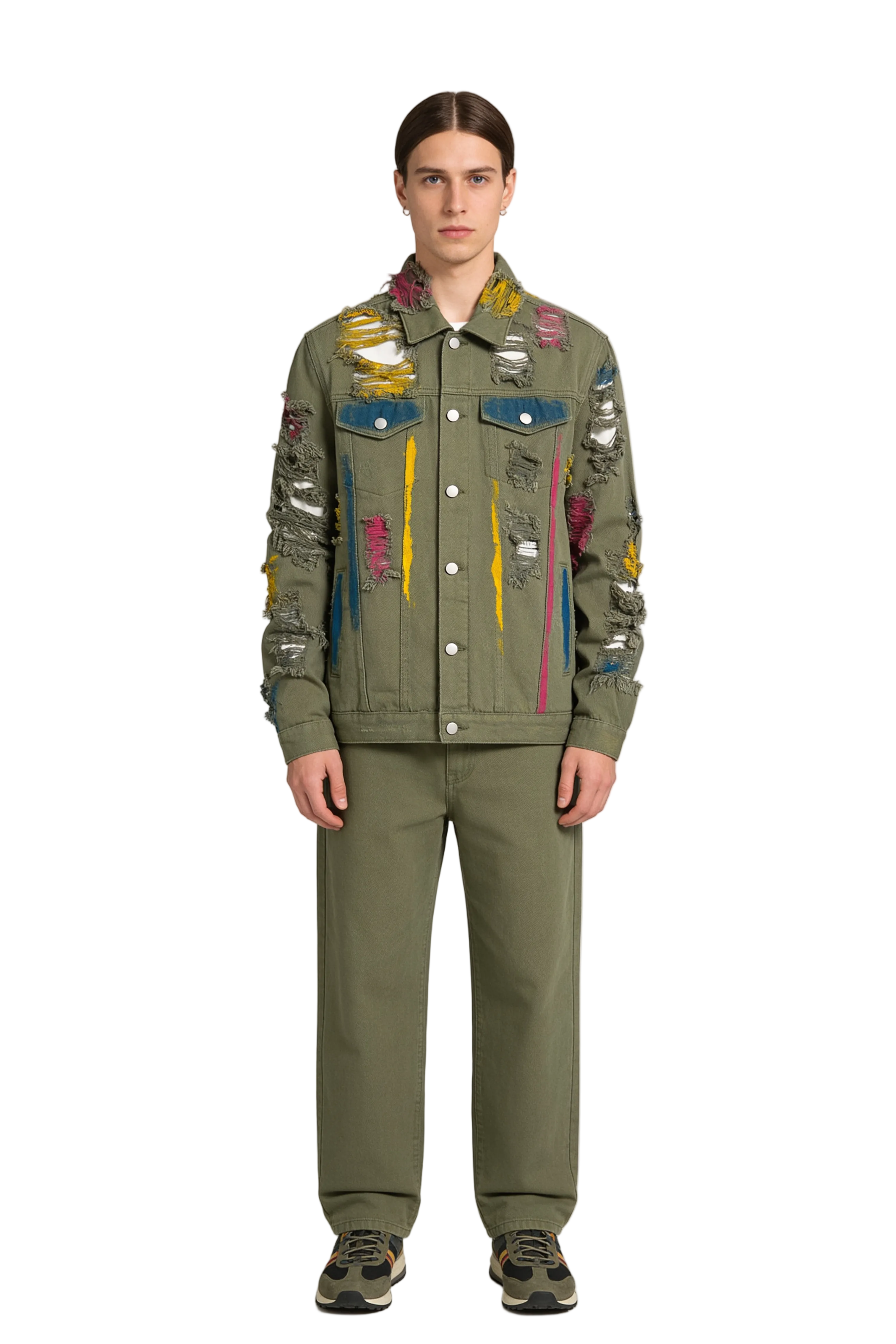 Olive Green Distressed Denim Jacket with Coloured Paint Details