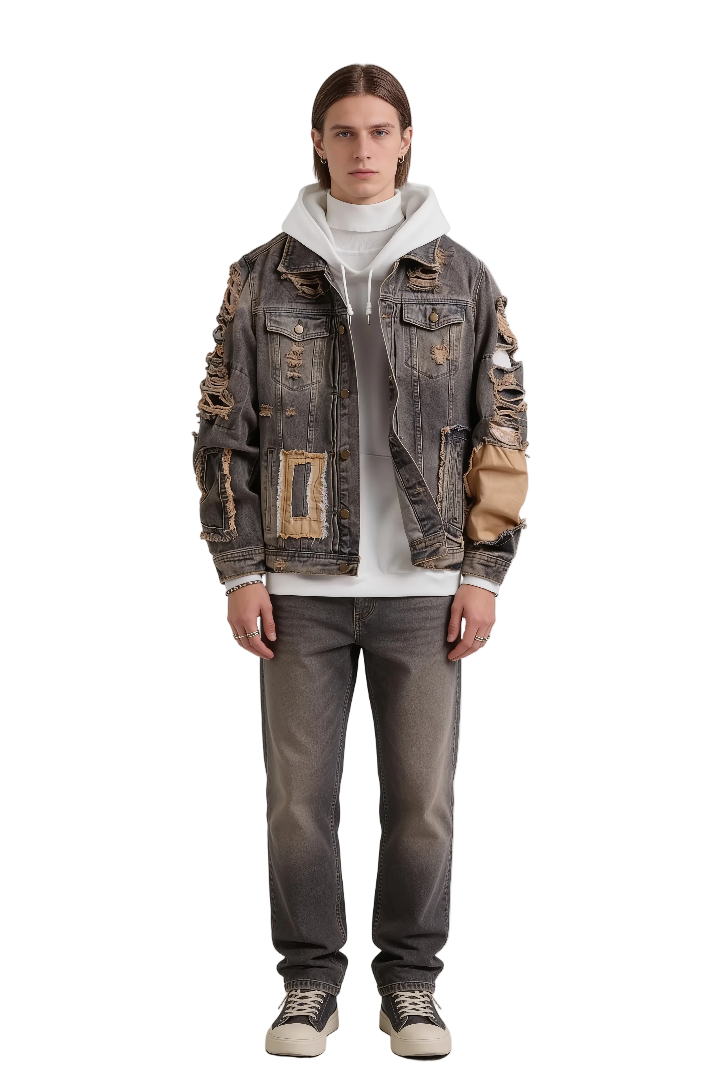 Washed Grey Distressed Denim Jacket with Tan Patch Details