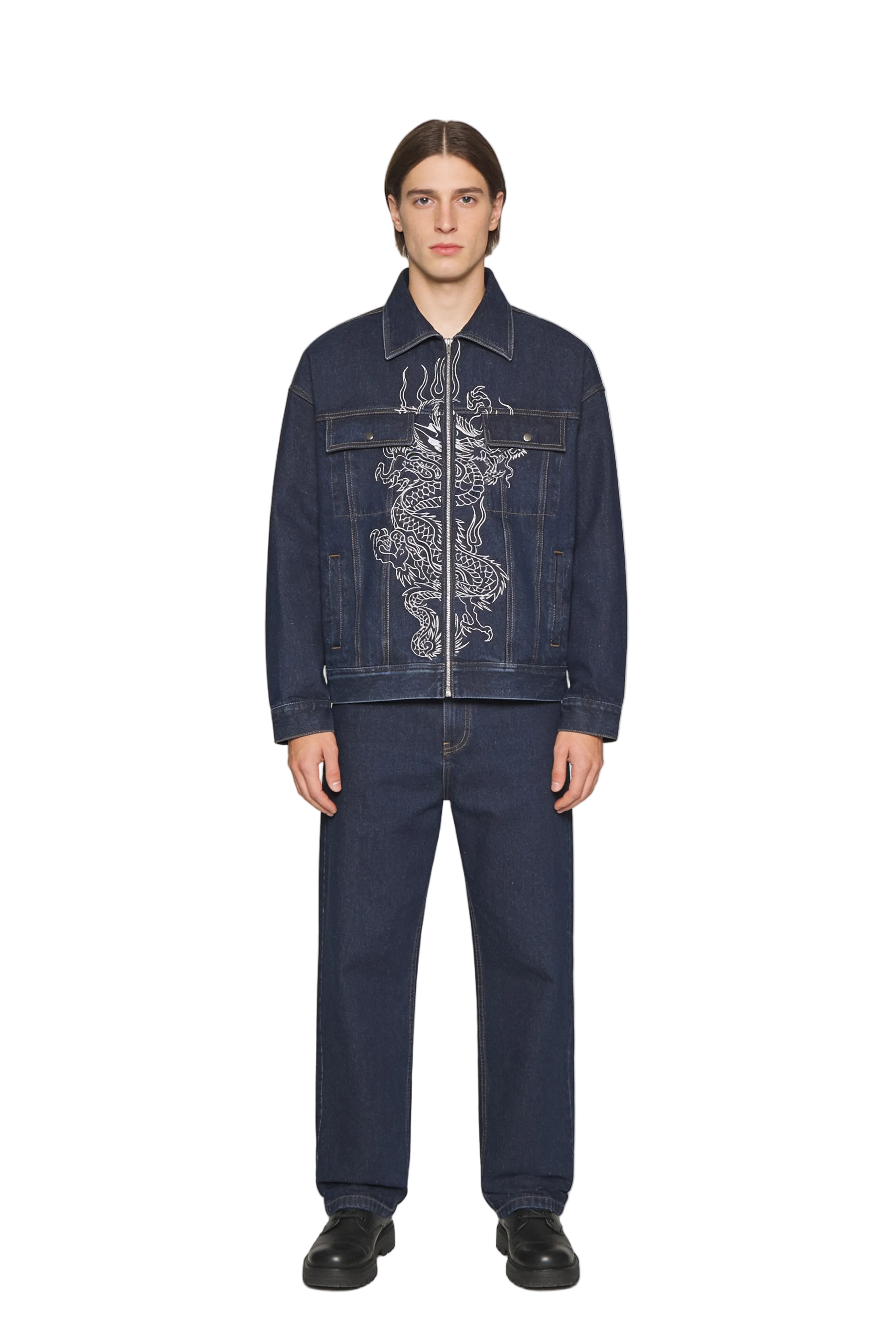 Dark Blue Denim Jacket with White Dragon Embroidery