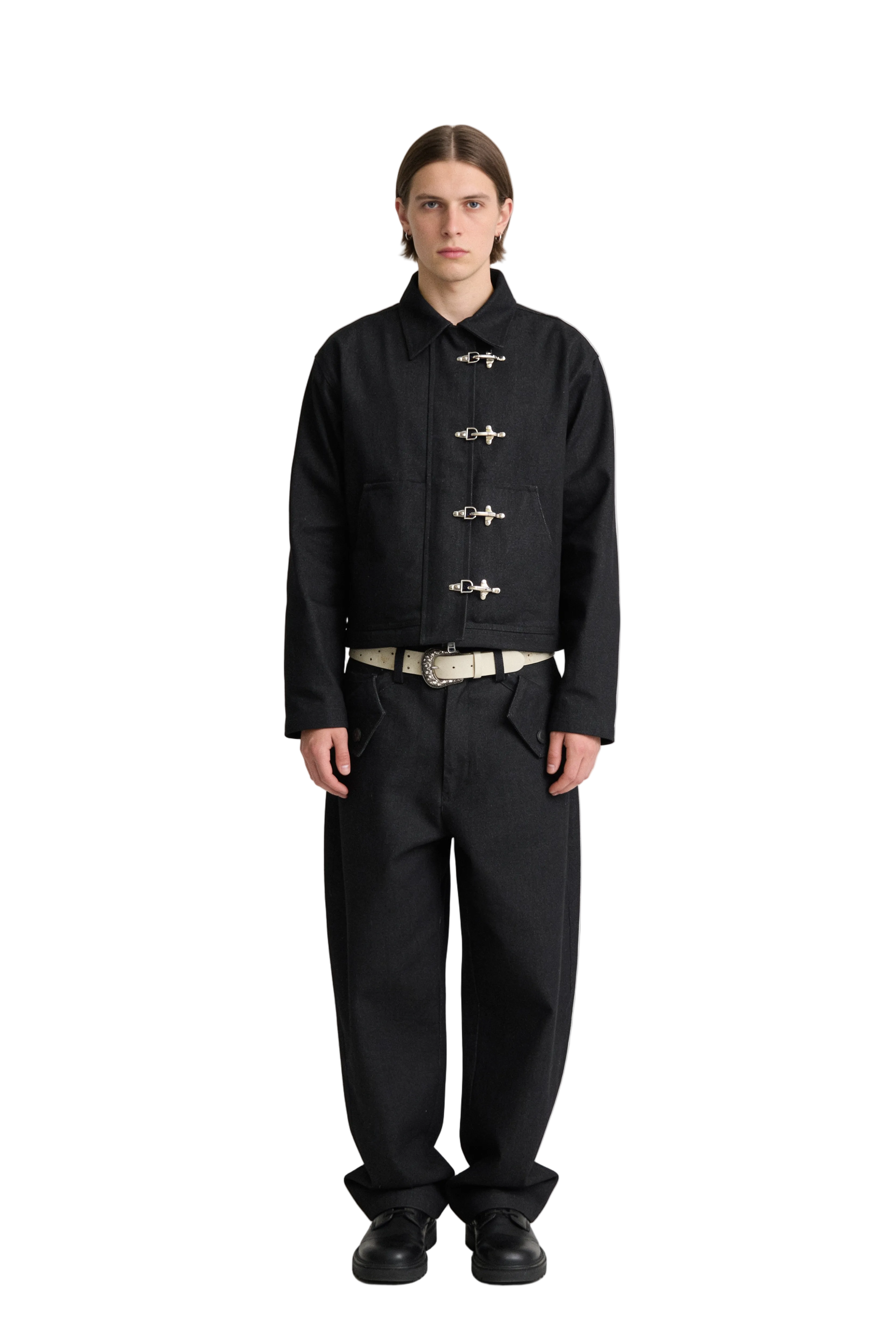 Black Denim Jacket with Metal Clasp Front Closure