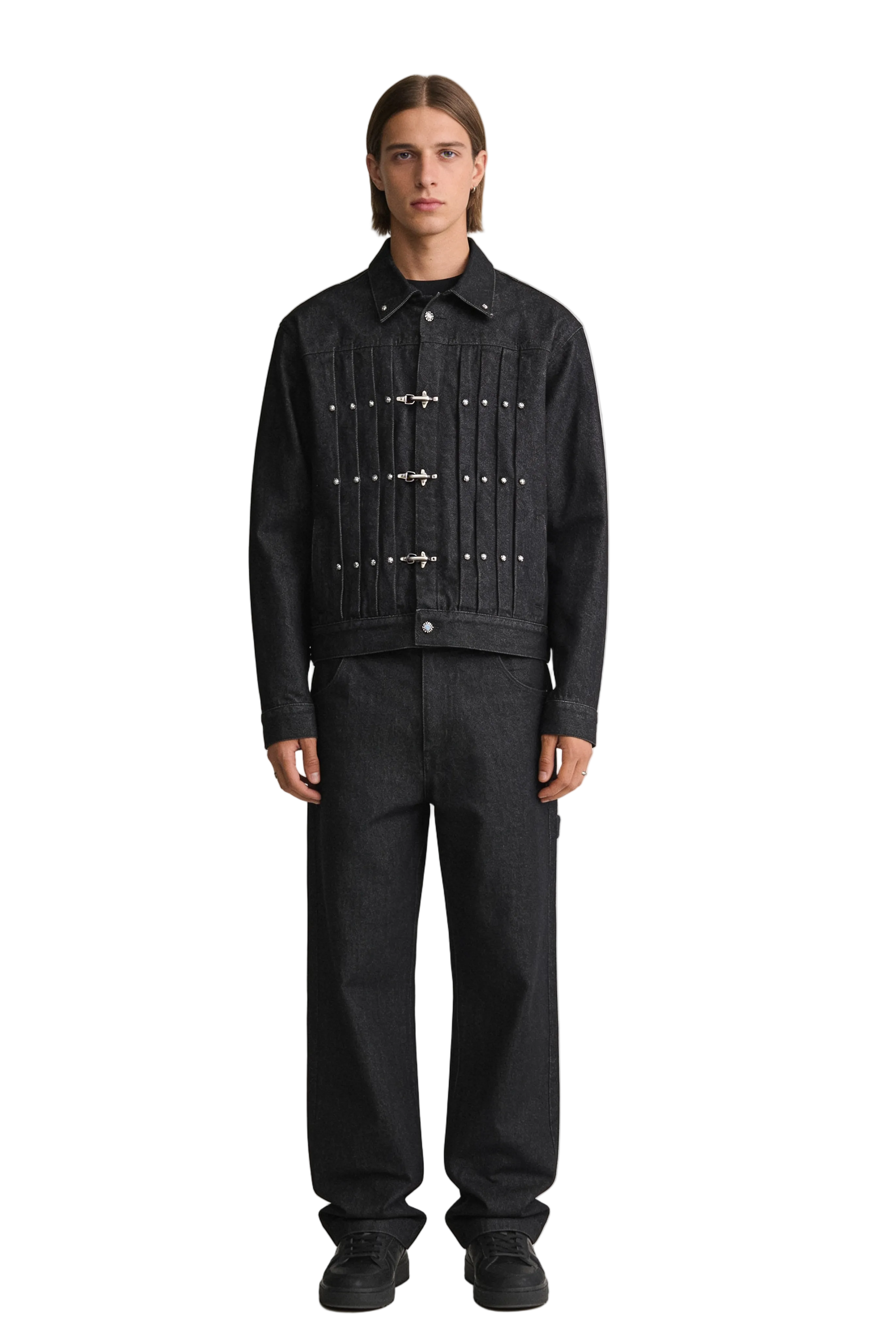 Black Denim Jacket with Metal Clasp Closures and Stud Details
