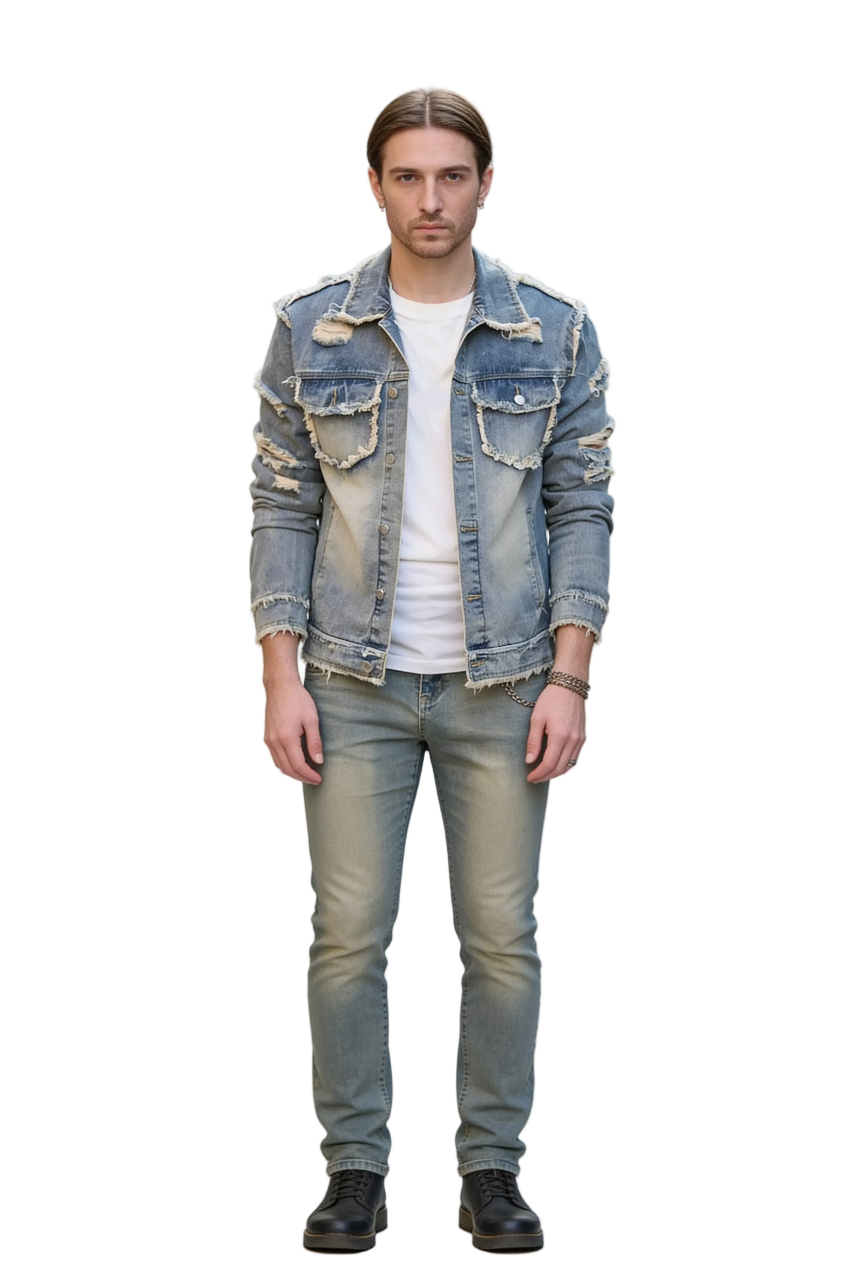 Faded Blue Denim Jacket with Frayed Edges and Distressed Details