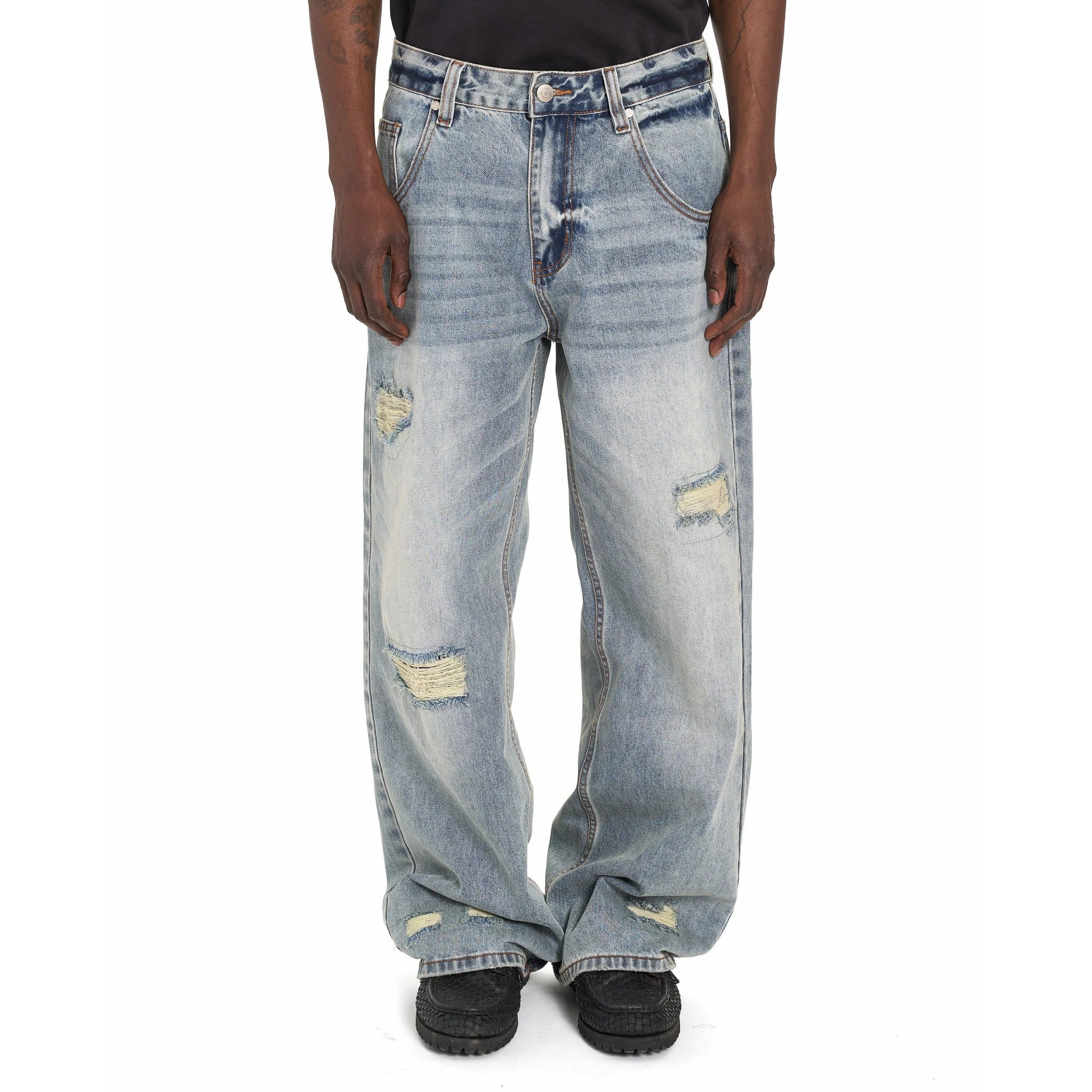 Light Blue Wide-Leg Distressed Jeans with Red Back Patch