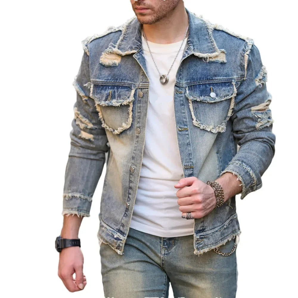 Faded Blue Denim Jacket with Frayed Edges and Distressed Details
