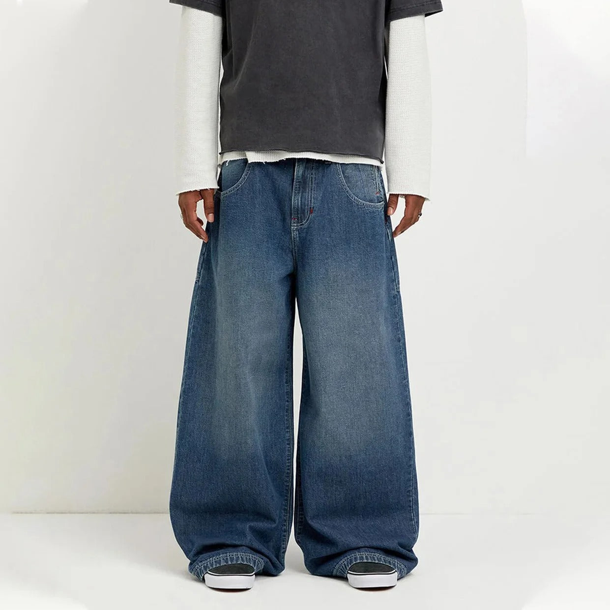 Mid Blue Extra Wide-Leg Jeans with Patch Back Pockets