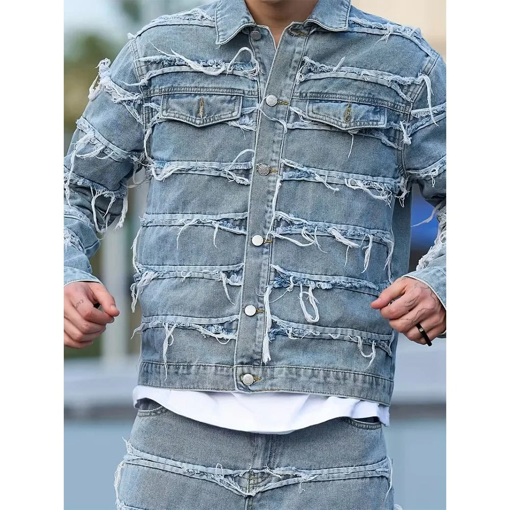 Light Blue Denim Jacket with Frayed Horizontal Panel Seams