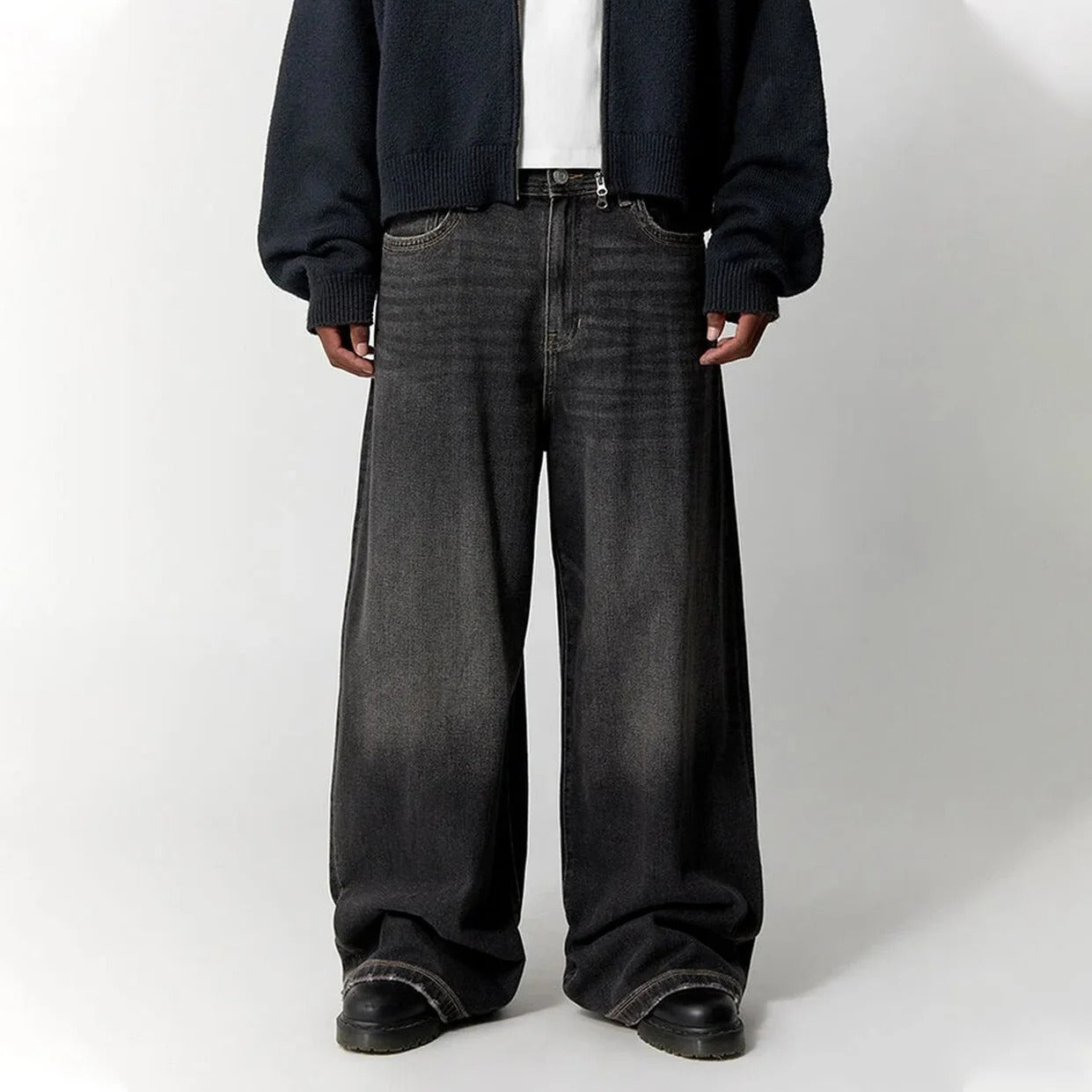 Washed Black Wide-Leg Jeans with Flap Back Pockets