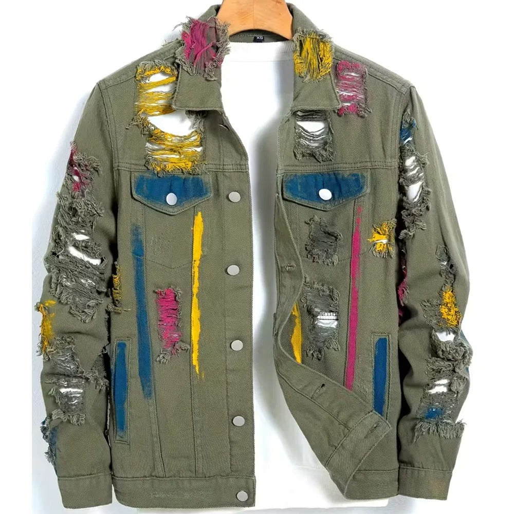 Olive Green Distressed Denim Jacket with Coloured Paint Details