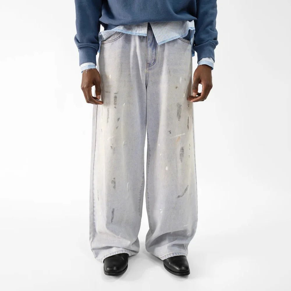 Light Grey-Blue Wide-Leg Jeans with Paint Splatter Effect