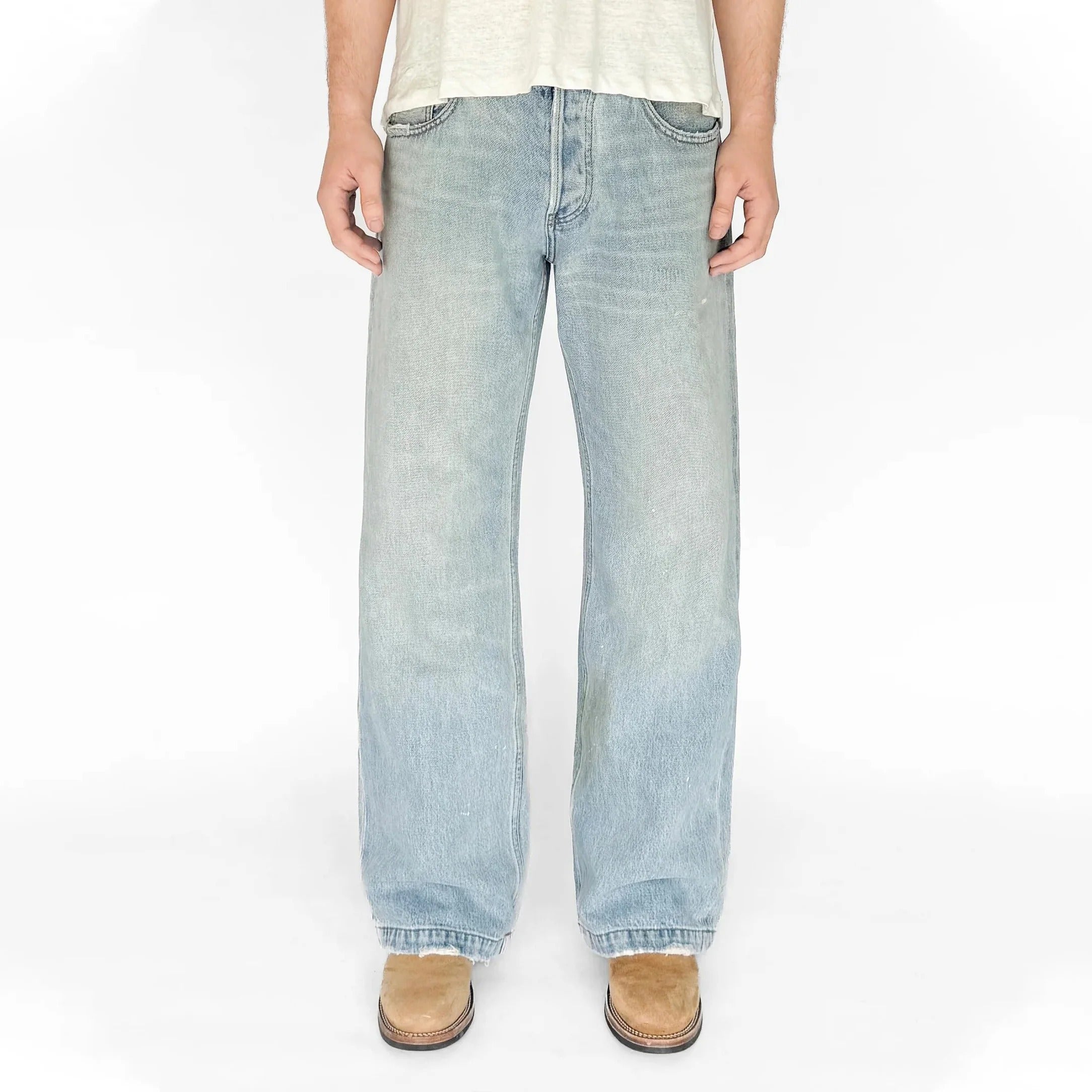 Light Blue Faded Straight-Leg Jeans with Frayed Hems