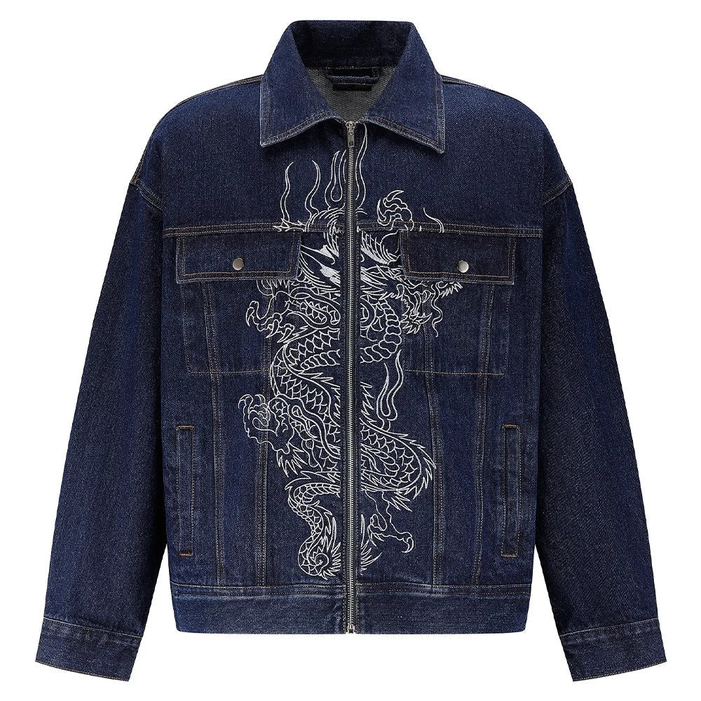 Dark Blue Denim Jacket with White Dragon Embroidery