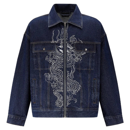 Dark Blue Denim Jacket with White Dragon Embroidery