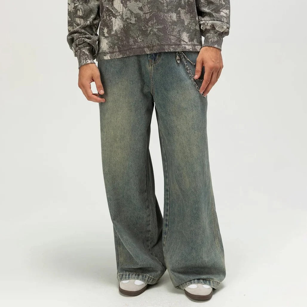 Blue Tinted Wide-Leg Jeans with Detachable Chain Detail