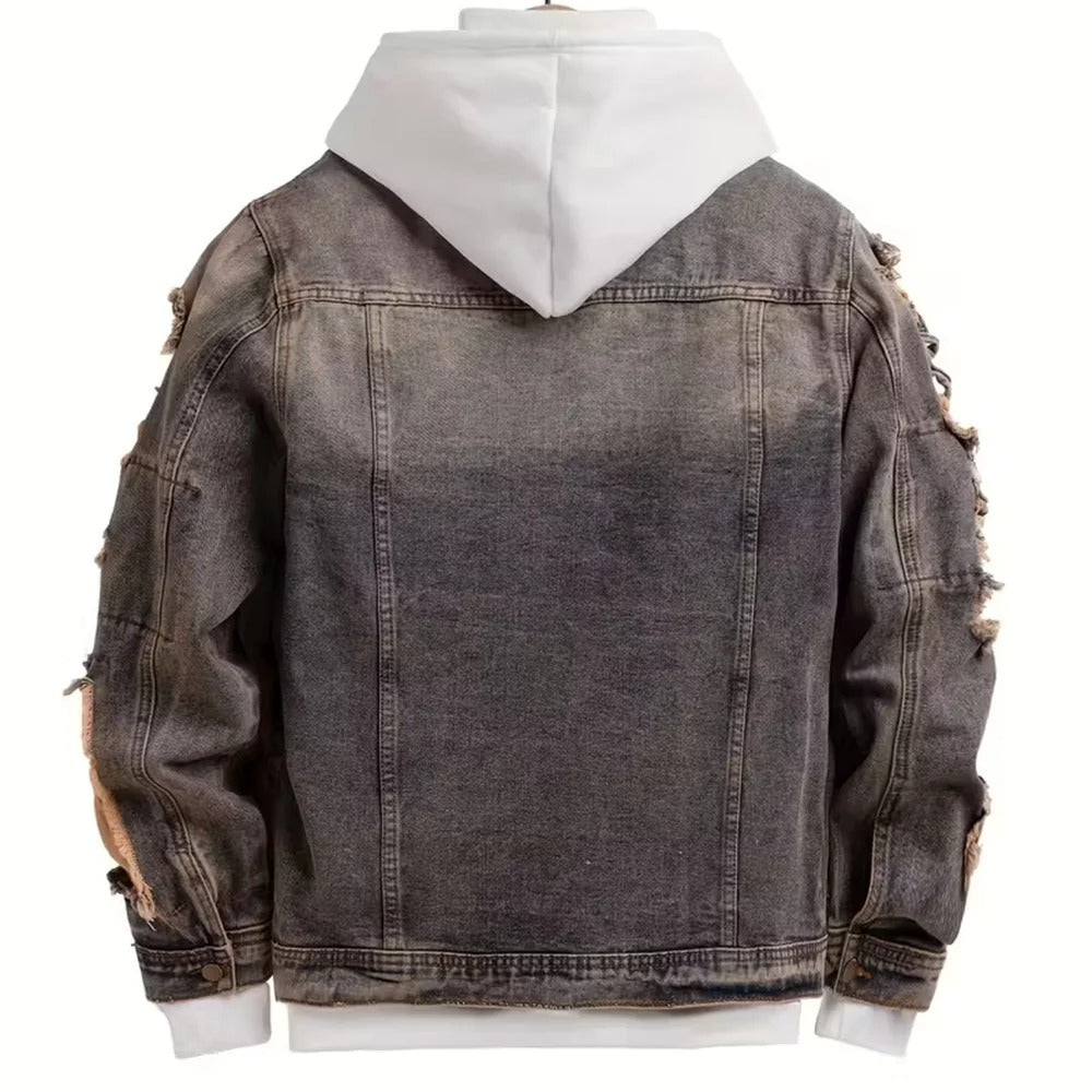 Washed Grey Distressed Denim Jacket with Tan Patch Details