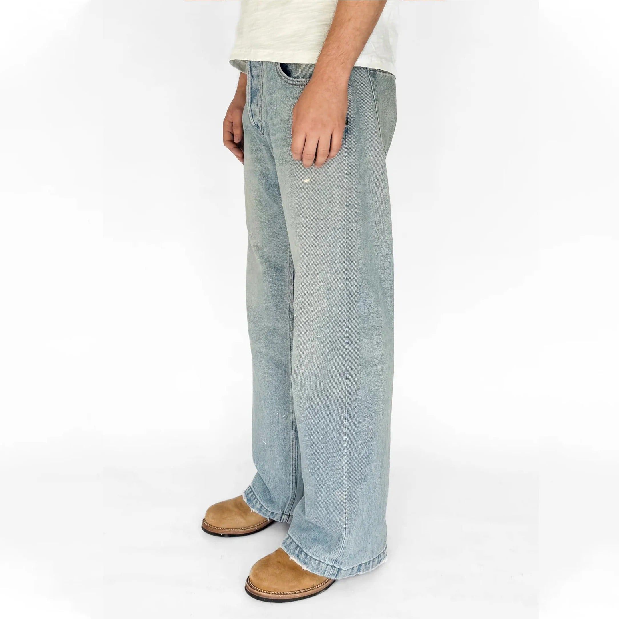 Light Blue Faded Straight-Leg Jeans with Frayed Hems
