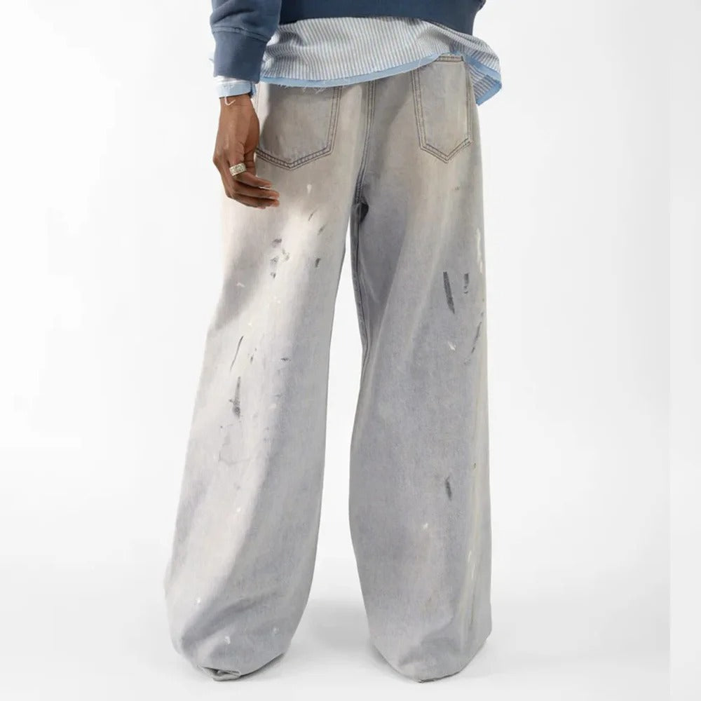 Light Grey-Blue Wide-Leg Jeans with Paint Splatter Effect
