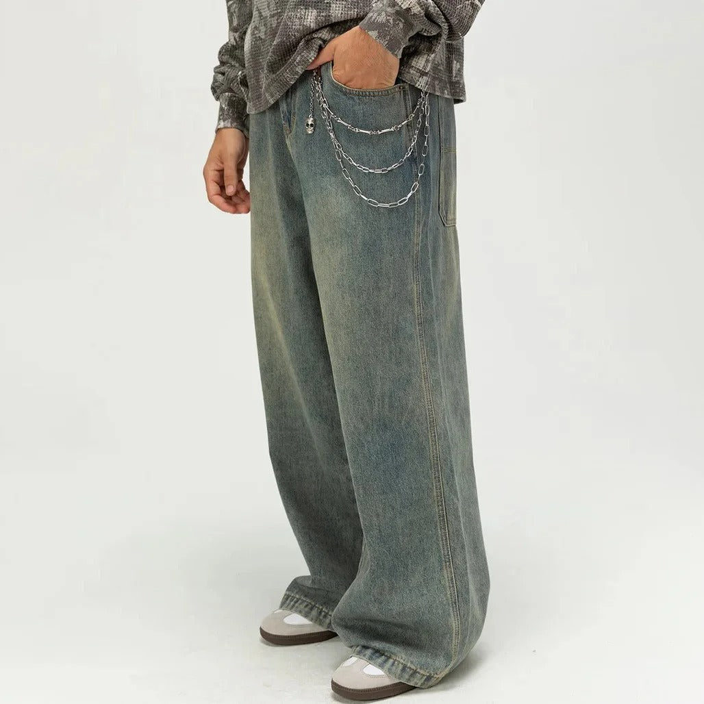 Blue Tinted Wide-Leg Jeans with Detachable Chain Detail