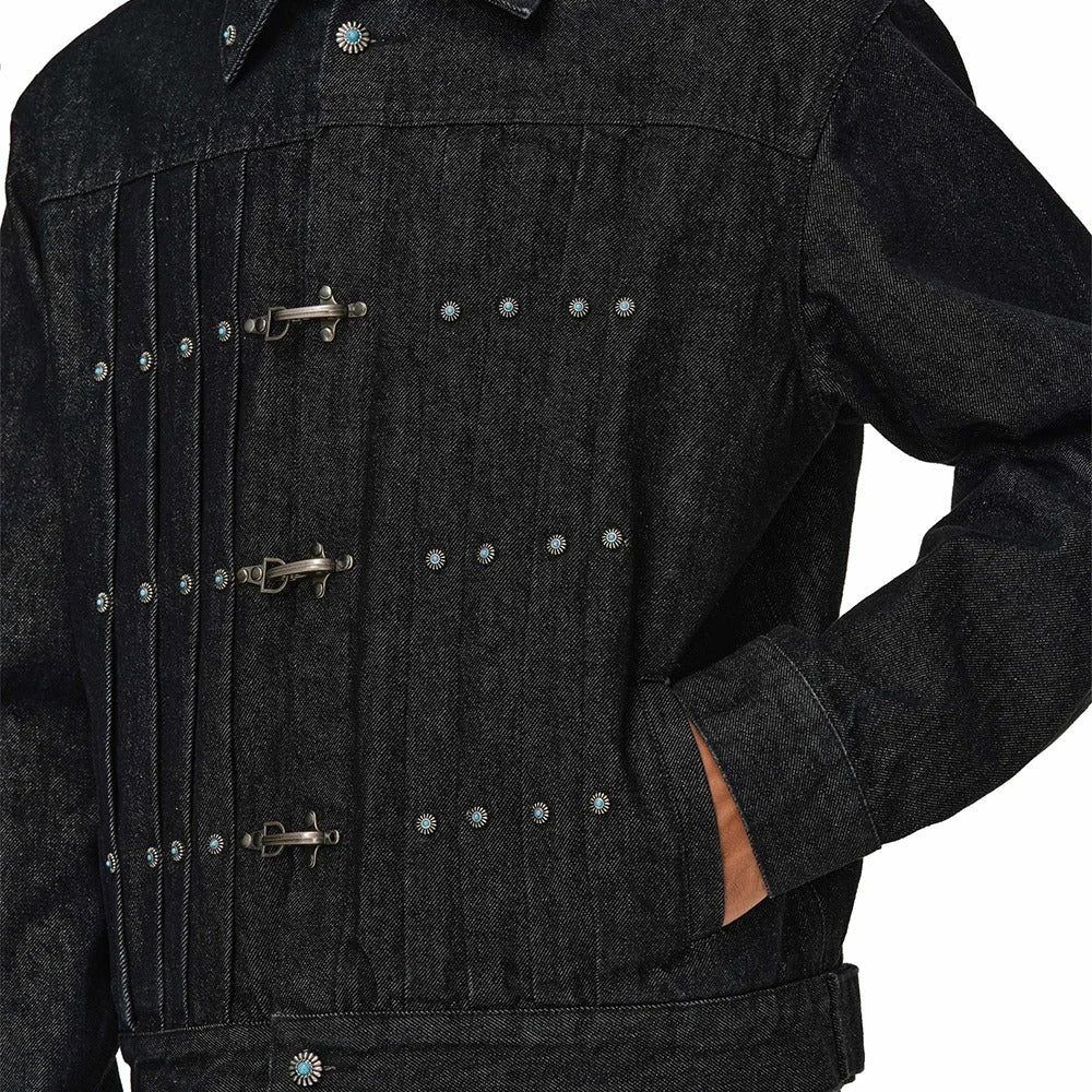 Black Denim Jacket with Metal Clasp Closures and Stud Details