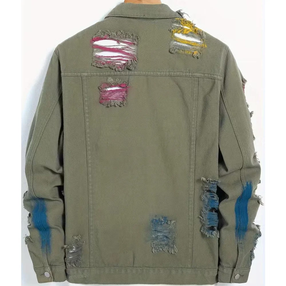 Olive Green Distressed Denim Jacket with Coloured Paint Details