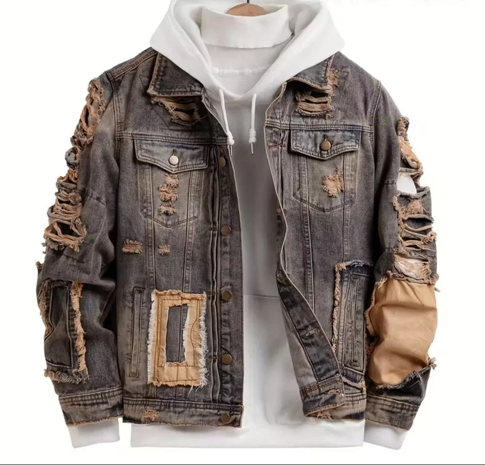 Washed Grey Distressed Denim Jacket with Tan Patch Details