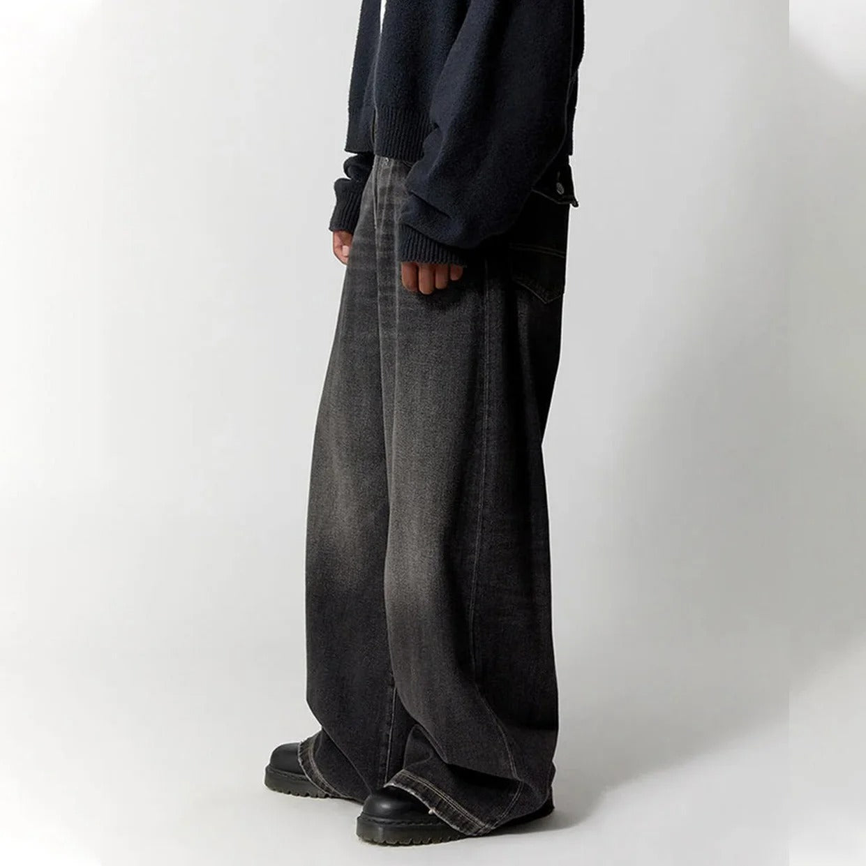 Washed Black Wide-Leg Jeans with Flap Back Pockets