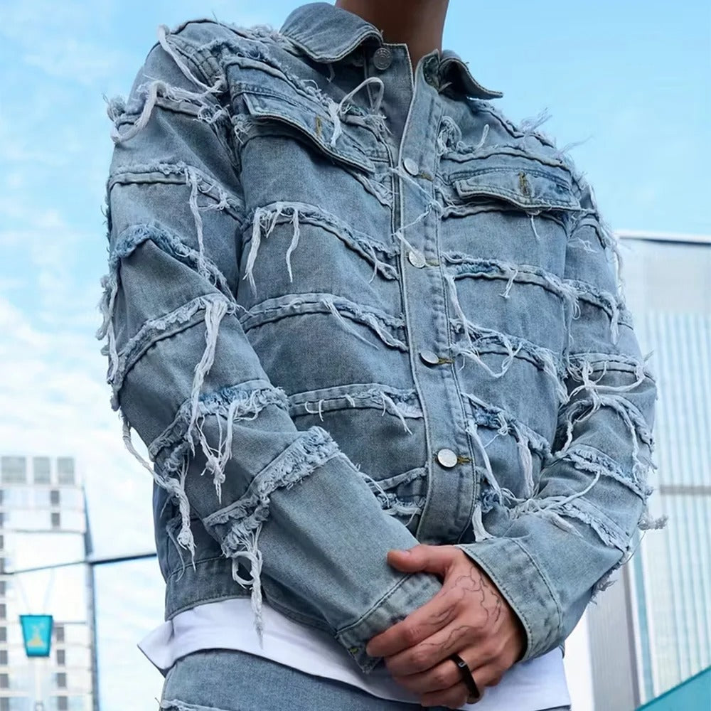 Light Blue Denim Jacket with Frayed Horizontal Panel Seams